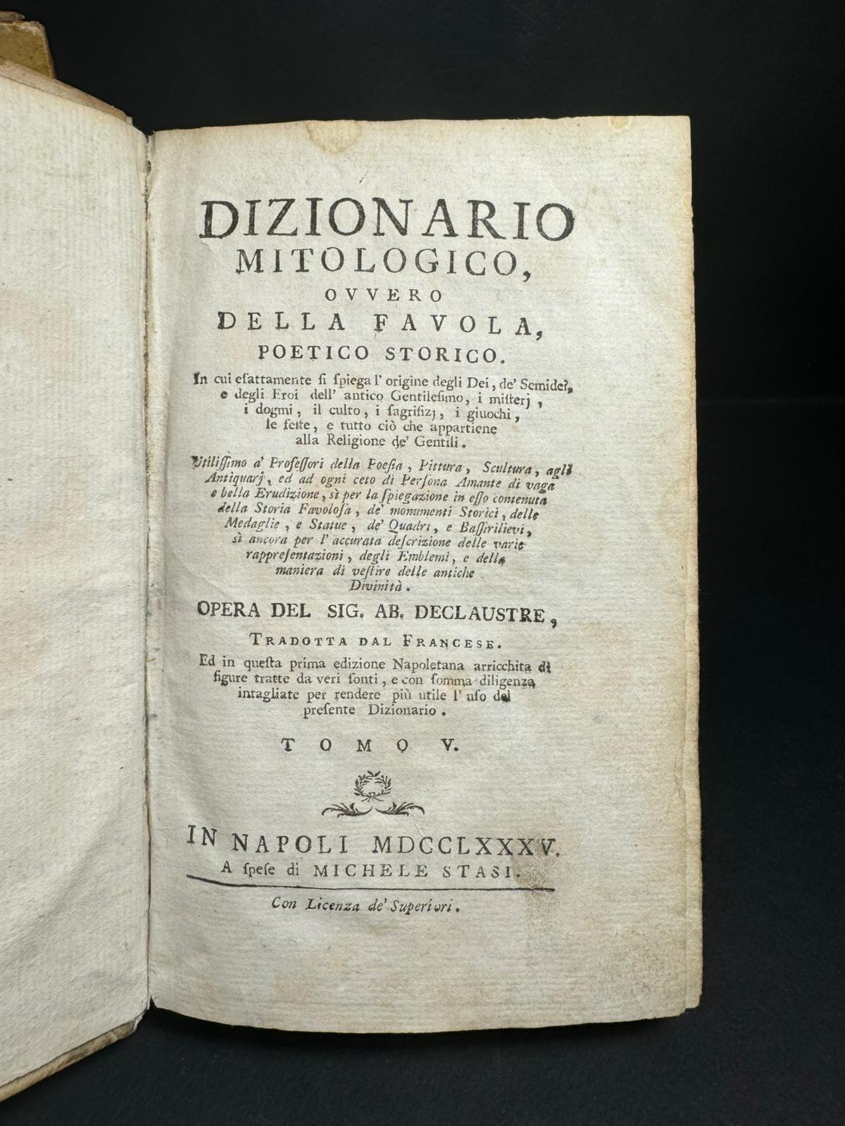 Libro "Dizionario Mitologico Ovvero Della Favola" 1785 Tomo 5