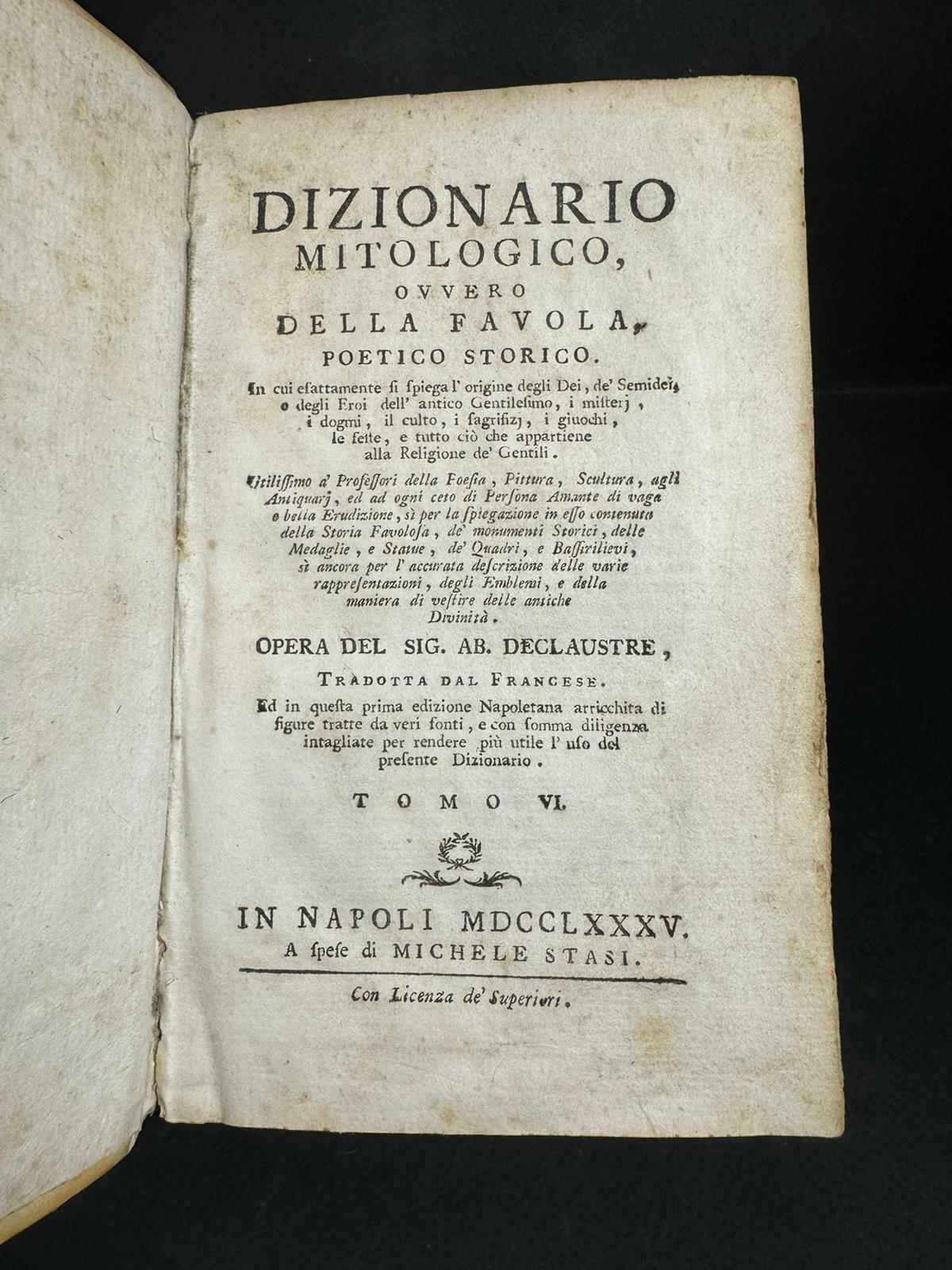 Libro "Dizionario Mitologico Ovvero Della Favola" 1785 Tomo 6