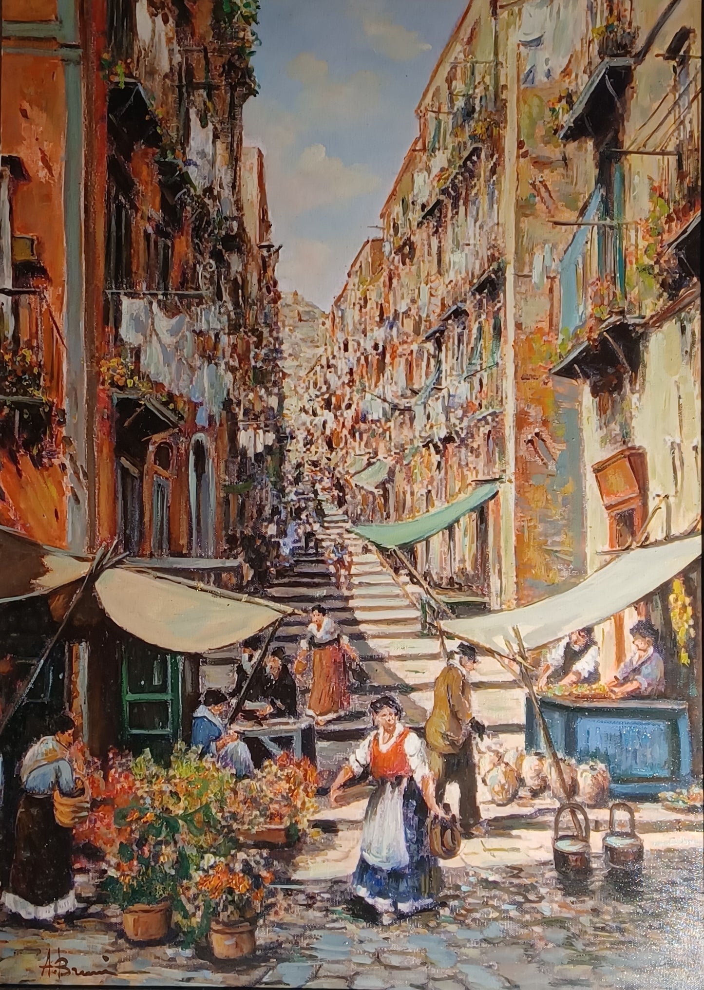 Quadro olio su tela raffigurate scena di vita quotidiana nelle vie di Napoli