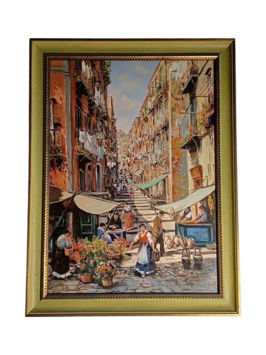 Quadro olio su tela raffigurate scena di vita quotidiana nelle vie di Napoli